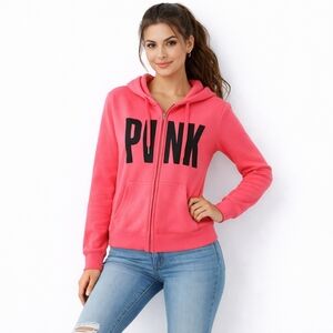 PINK VICTORIA SECRET Small Bright Pink Zip Up Logo Sweatshirt Oversized Jacket